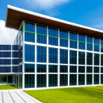 A stunning modern Zero Energy Building (ZEB) in Malaysia, captured from an exterior architectural perspective during a bright, sunny day. The building showcases a sleek design with extensive solar photovoltaic panels seamlessly integrated onto the roof and parts of the facade. Lush green walls and surrounding tropical vegetation highlight its sustainable design within a vibrant, natural setting. The clear blue sky emphasizes the building's commitment to clean energy. Professional architectural photography, high quality, volumetric lighting, fully clothed, modest clothing, appropriate attire, safe for work, appropriate content, family-friendly, perfect anatomy, correct proportions, natural body proportions.