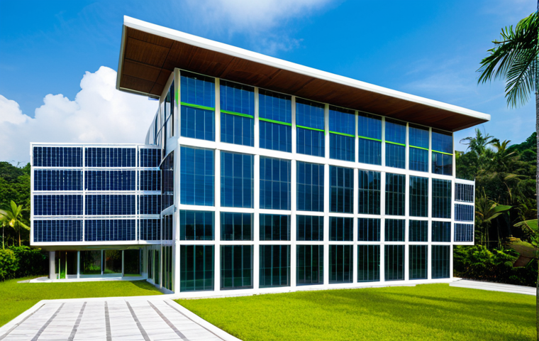 A stunning modern Zero Energy Building (ZEB) in Malaysia, captured from an exterior architectural perspective during a bright, sunny day. The building showcases a sleek design with extensive solar photovoltaic panels seamlessly integrated onto the roof and parts of the facade. Lush green walls and surrounding tropical vegetation highlight its sustainable design within a vibrant, natural setting. The clear blue sky emphasizes the building's commitment to clean energy. Professional architectural photography, high quality, volumetric lighting, fully clothed, modest clothing, appropriate attire, safe for work, appropriate content, family-friendly, perfect anatomy, correct proportions, natural body proportions.